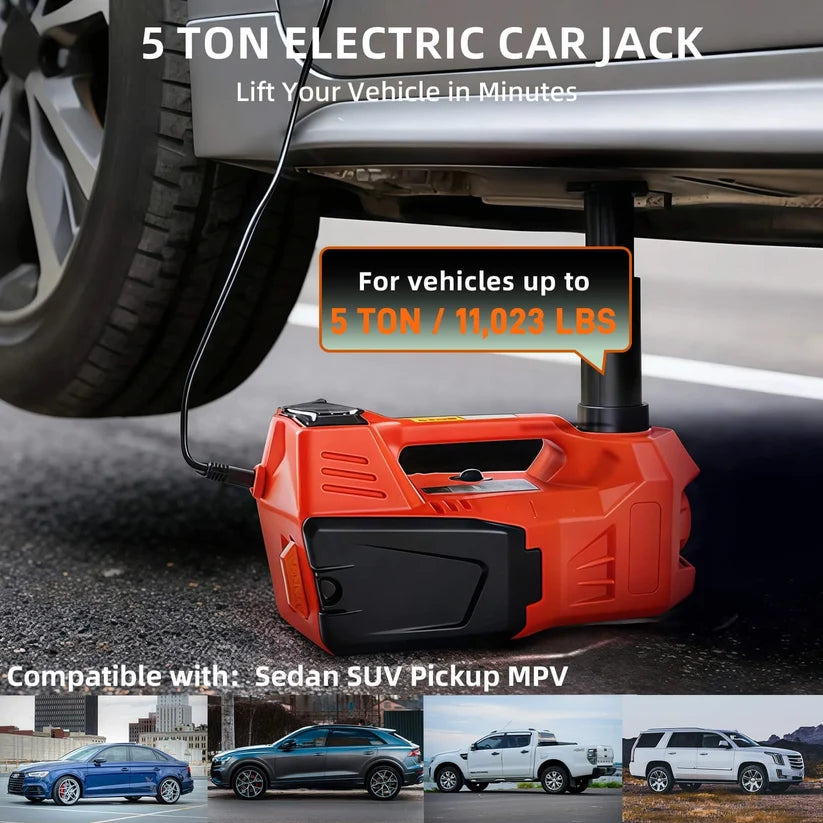 5 Ton 12V Electric Hydraulic Car Jack Kit – Tire Inflator Pump & Impact Wrench – Portable Floor Jack Lift – Lifting Range 155-450mm – For Sedan, SUV, MPV, Truck Tire Change, Repair – Electric Jack + Electric Wrench