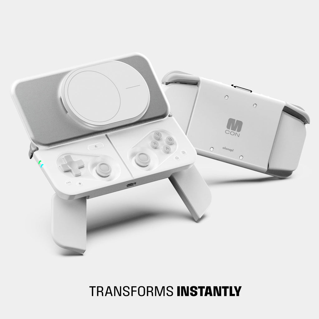 Portable gaming controller with a foldable design and multiple buttons for gameplay.