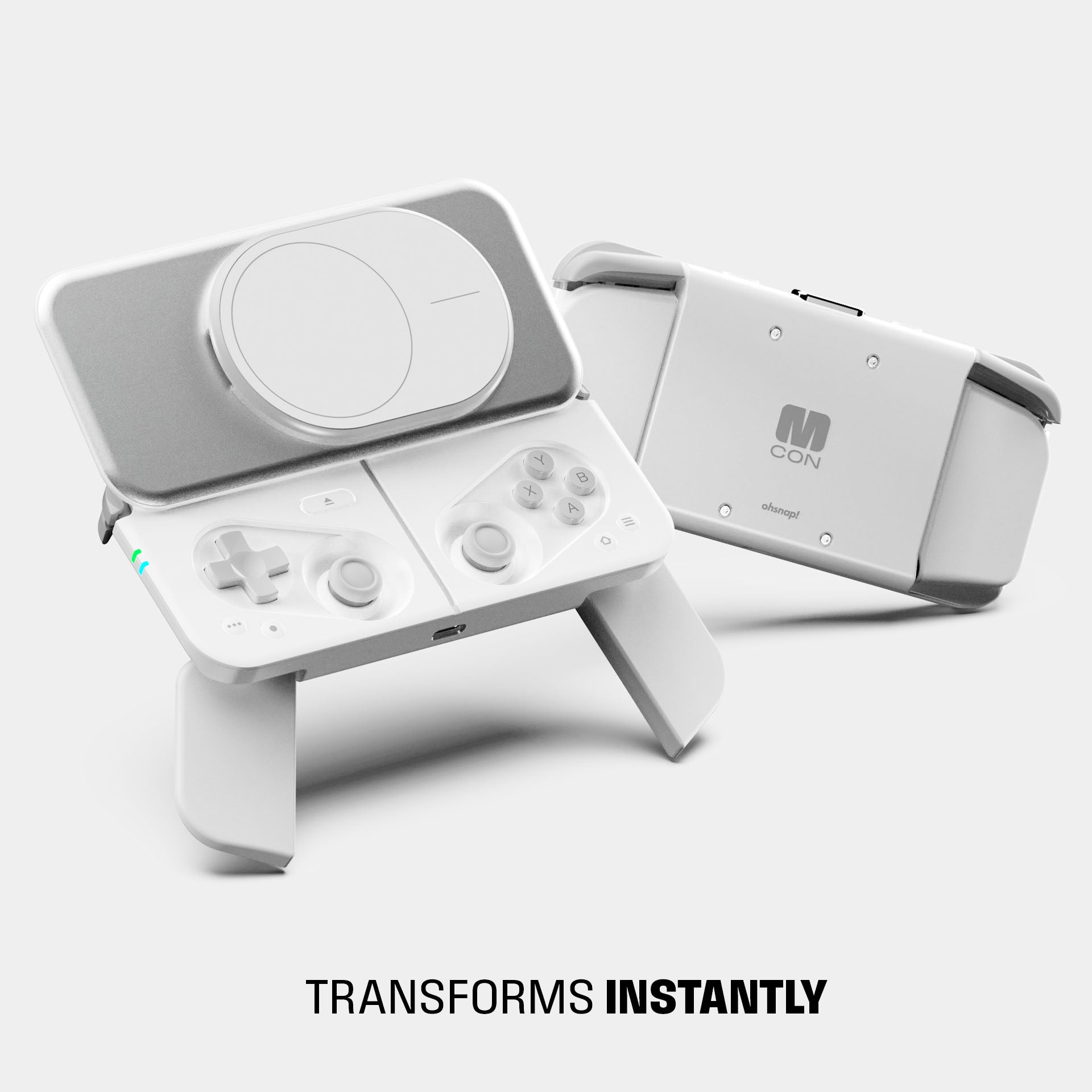 Portable gaming controller with a foldable design and multiple buttons for gameplay.